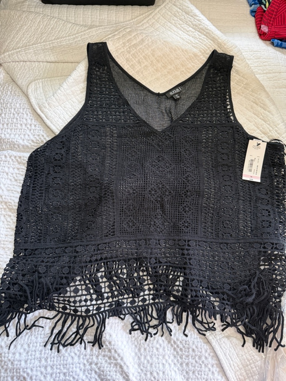 a.n.a Black Crochet Fringe V‑Neck Swim Coverup Tank